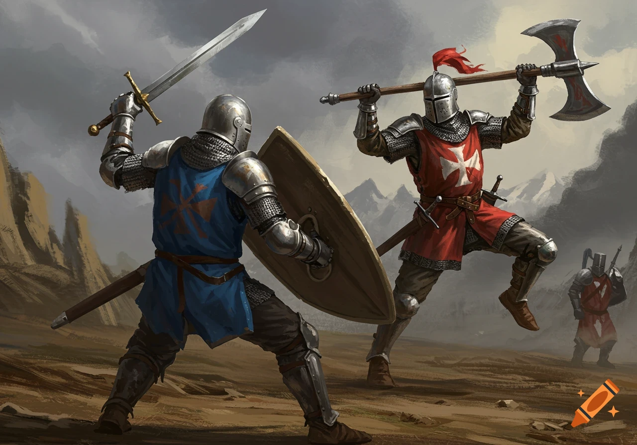 Two medieval knights in armor battling in a barren landscape. One defends with a shield and sword, the other swings a large axe.