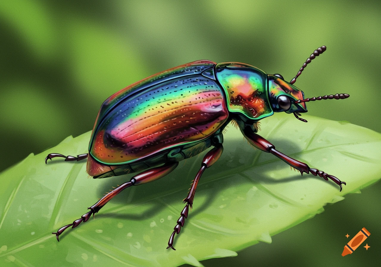A vibrant, iridescent rainbow-colored beetle resting on a green leaf, depicted in an illustrative style.