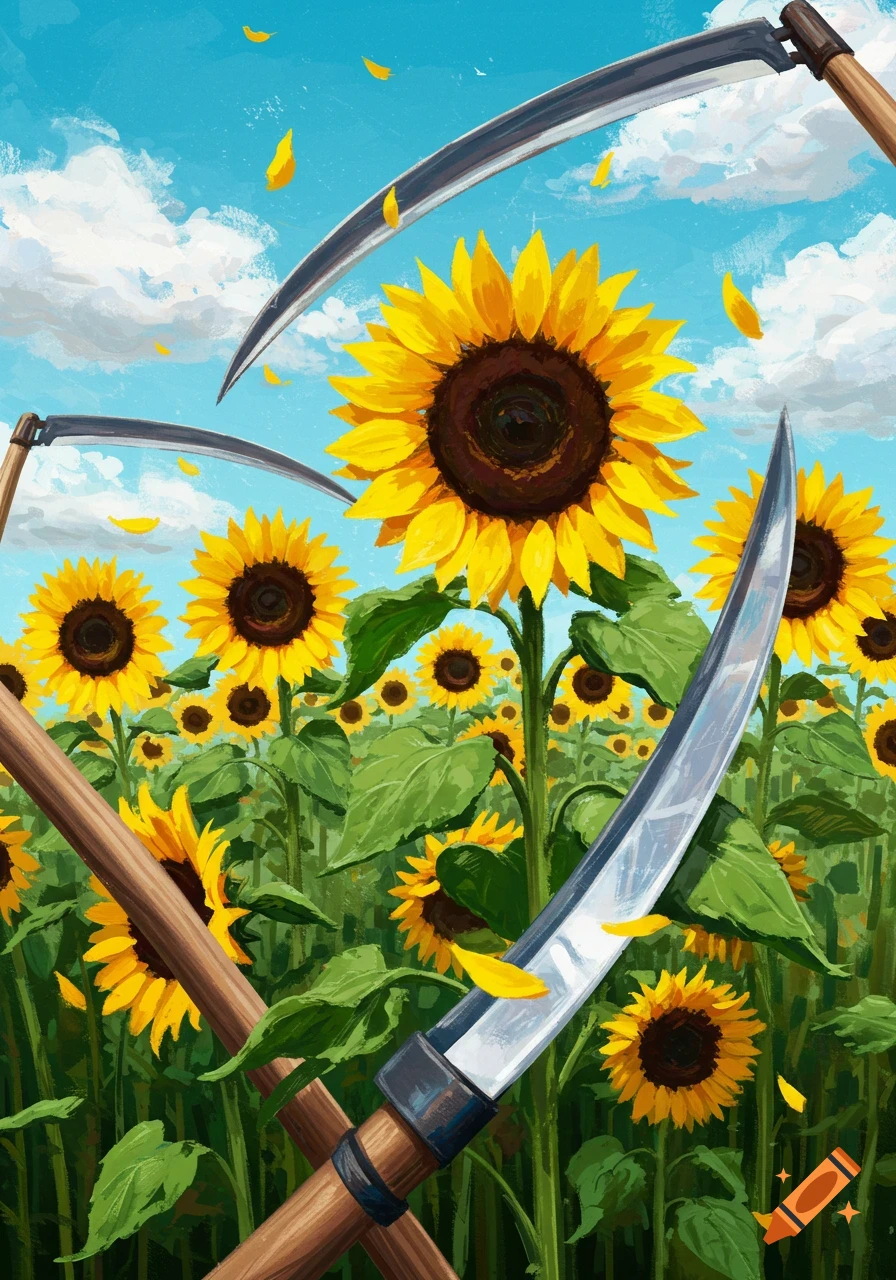 An illustrated field of vibrant yellow sunflowers with multiple metal scythes amidst them under a blue sky.