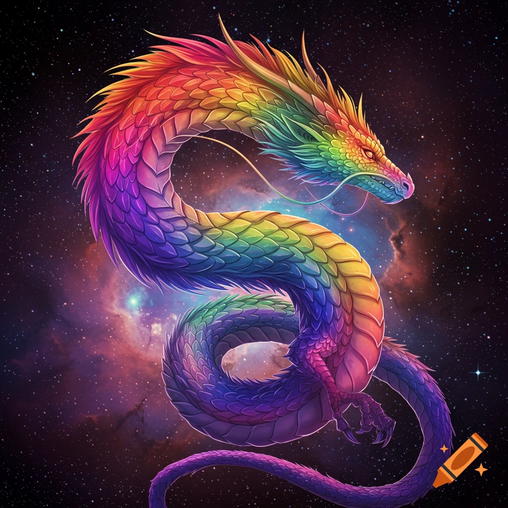 A vibrant rainbow-colored dragon with scales and feathery spines coils elegantly against a backdrop of colorful nebulae and stars.