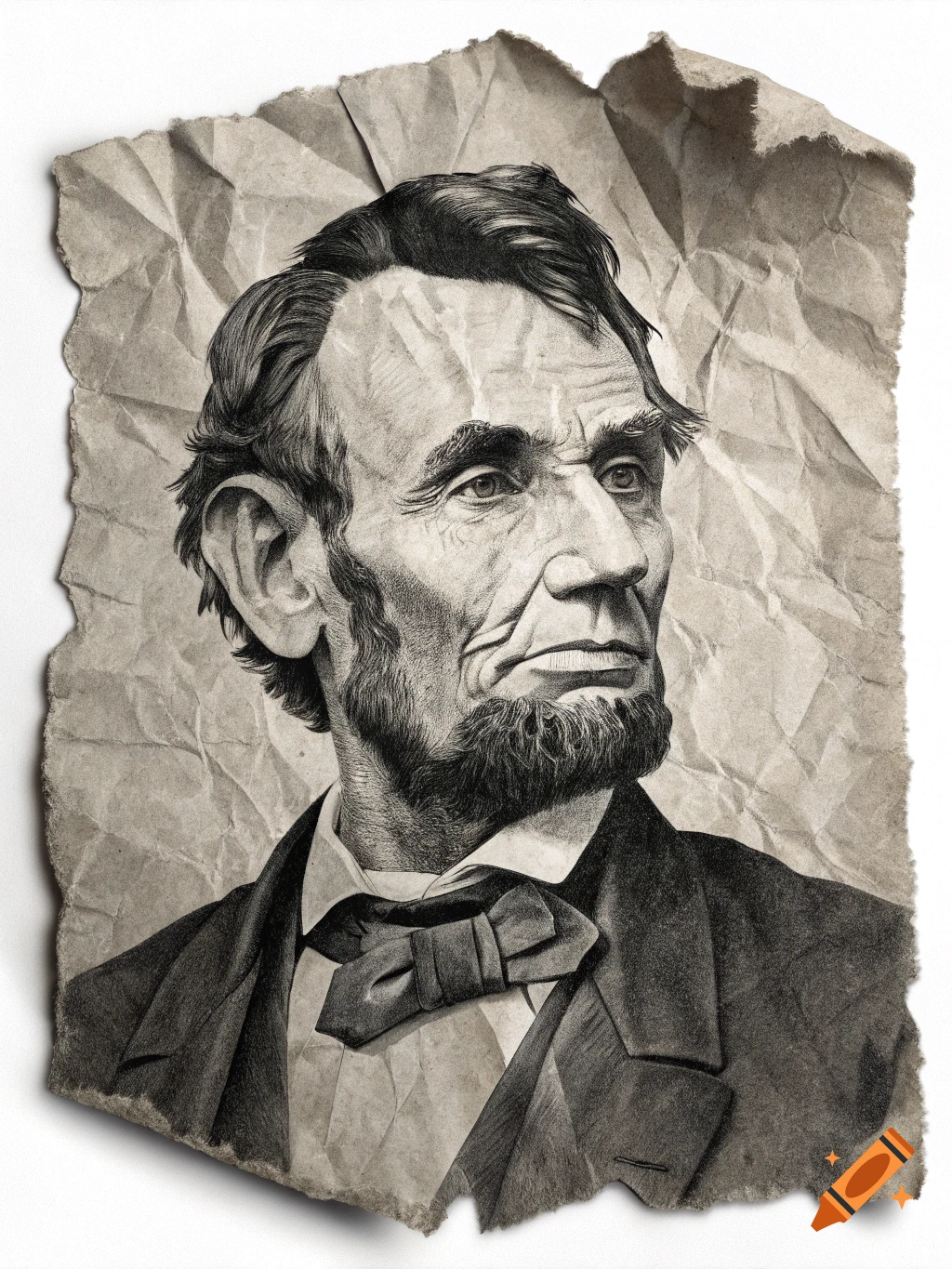 A monochromatic, charcoal-style portrait of Abraham Lincoln on crumpled, torn paper with rough edges, looking right.