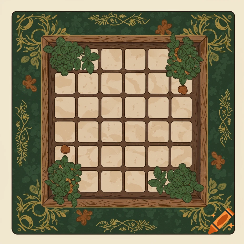 Top-down view of a cozy garden puzzle board game with a 4x4 grid, surrounded by green and gold floral borders.
