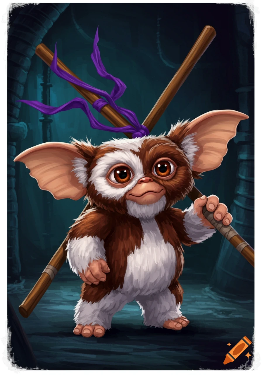 A cute, furry brown and white creature, resembling Gizmo, stands holding two crossed wooden staffs with a purple ribbon, in a cartoon style.
