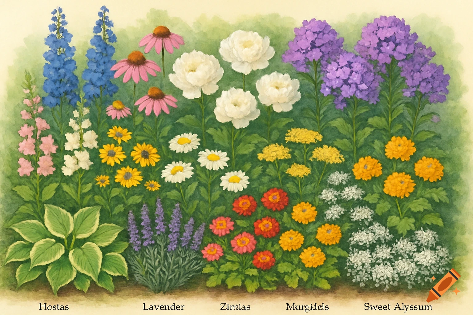 A watercolor illustration of a vibrant garden with rows of different colorful flowers and plants, some with misspelled labels.
