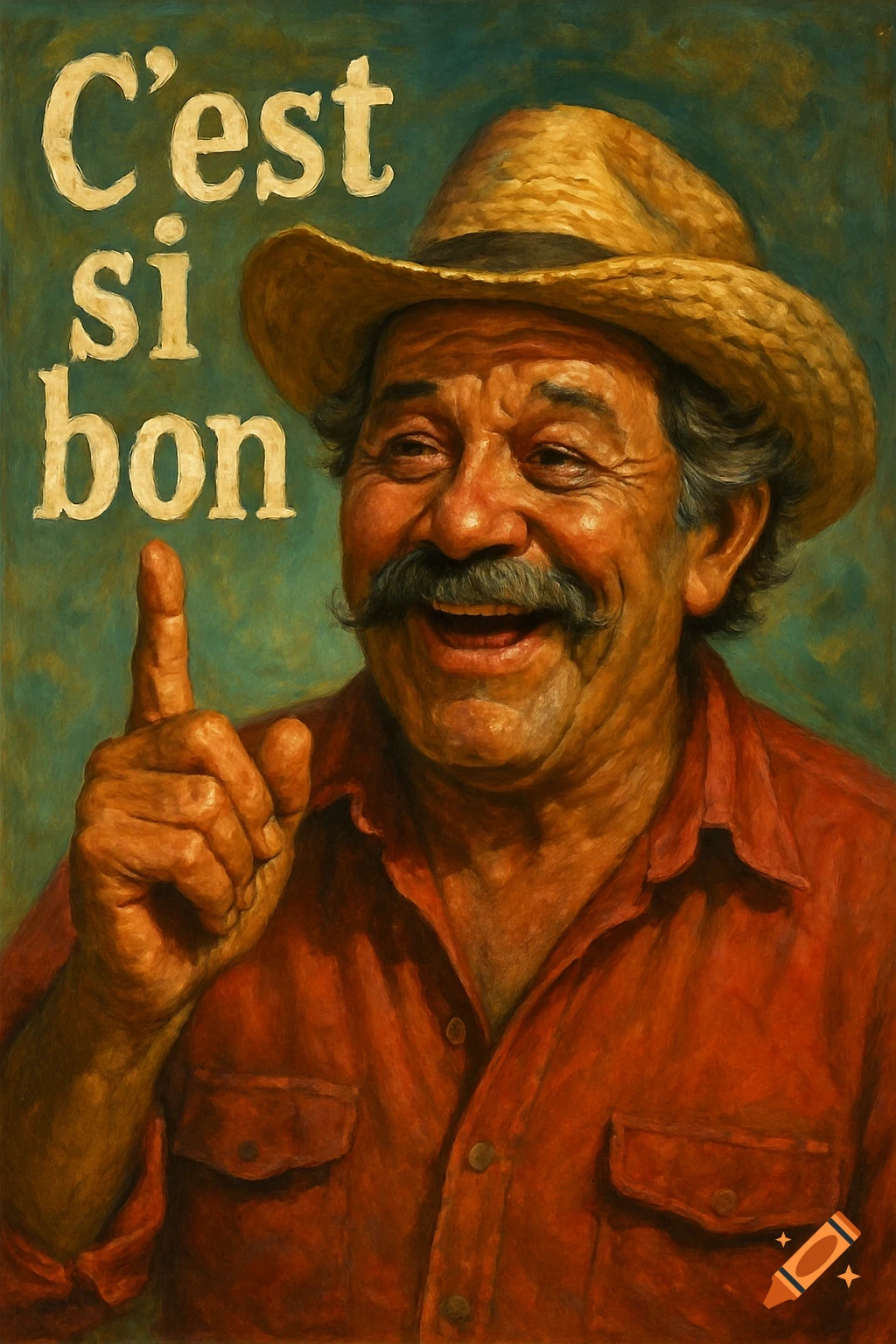 A smiling Cajun man in a straw hat points up next to 'C'est si bon' text, painted in a vibrant style.