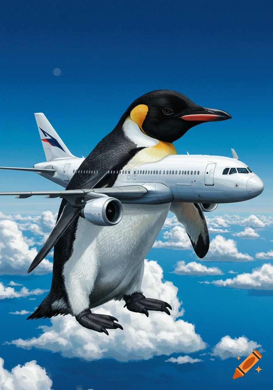 A large emperor penguin with an airplane fuselage as its body flies through a blue sky with clouds.