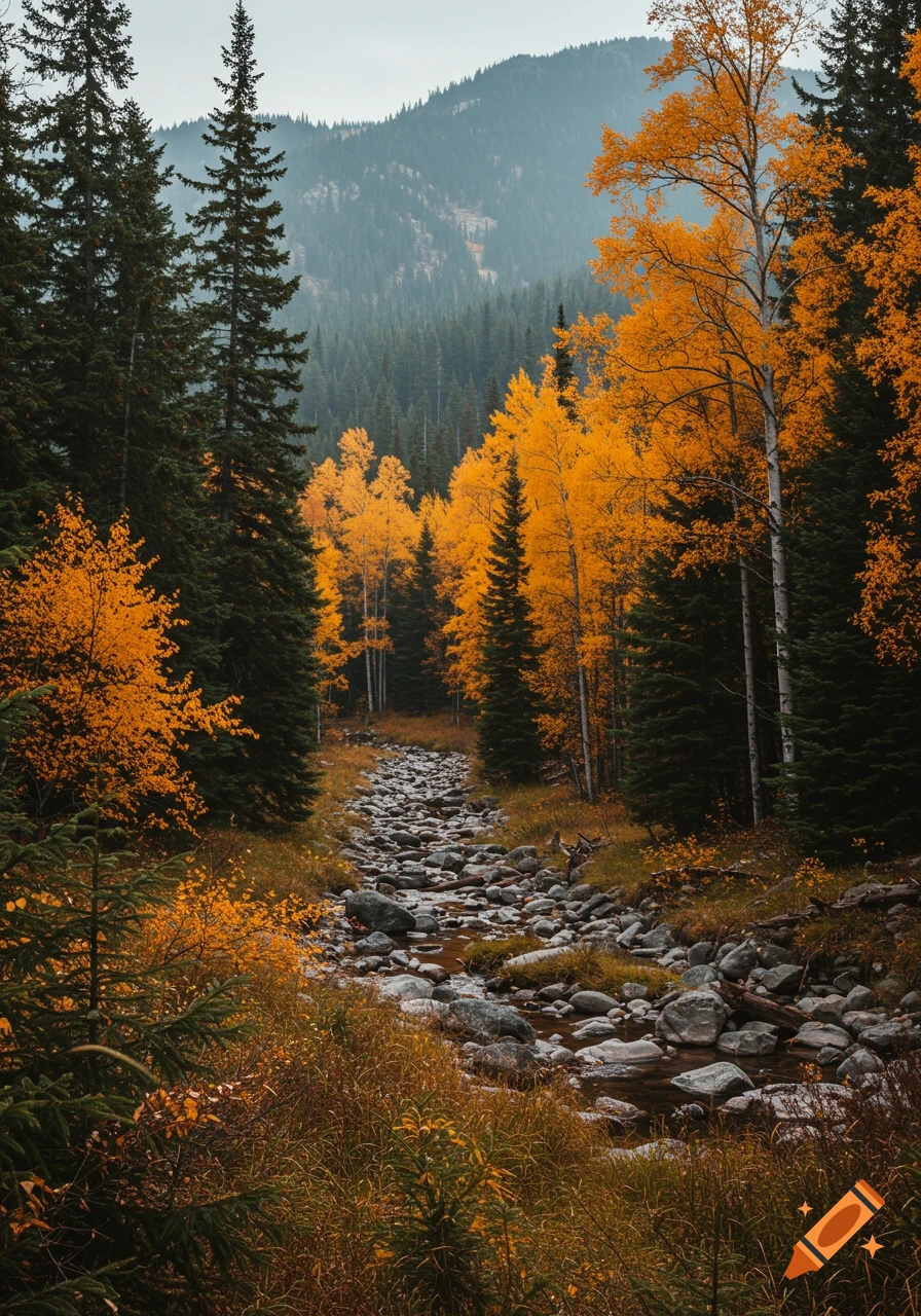 A vibrant autumn forest scene with golden trees lining a rocky riverbed leading into the distance under a cloudy sky.