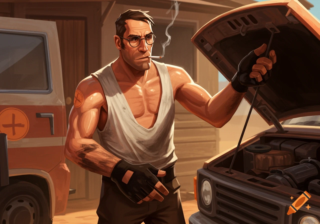 A muscular man in a white tank top smokes a cigarette while looking into the open hood of a camper van in a dusty, stylized illustration.
