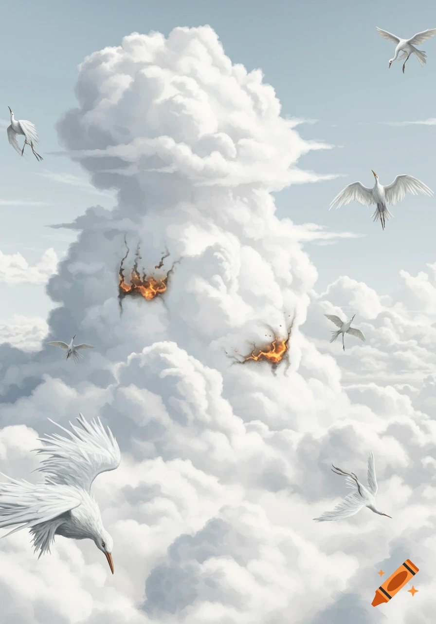 White egrets fly around a large, white cloud formation with two burning sections against a light blue sky.