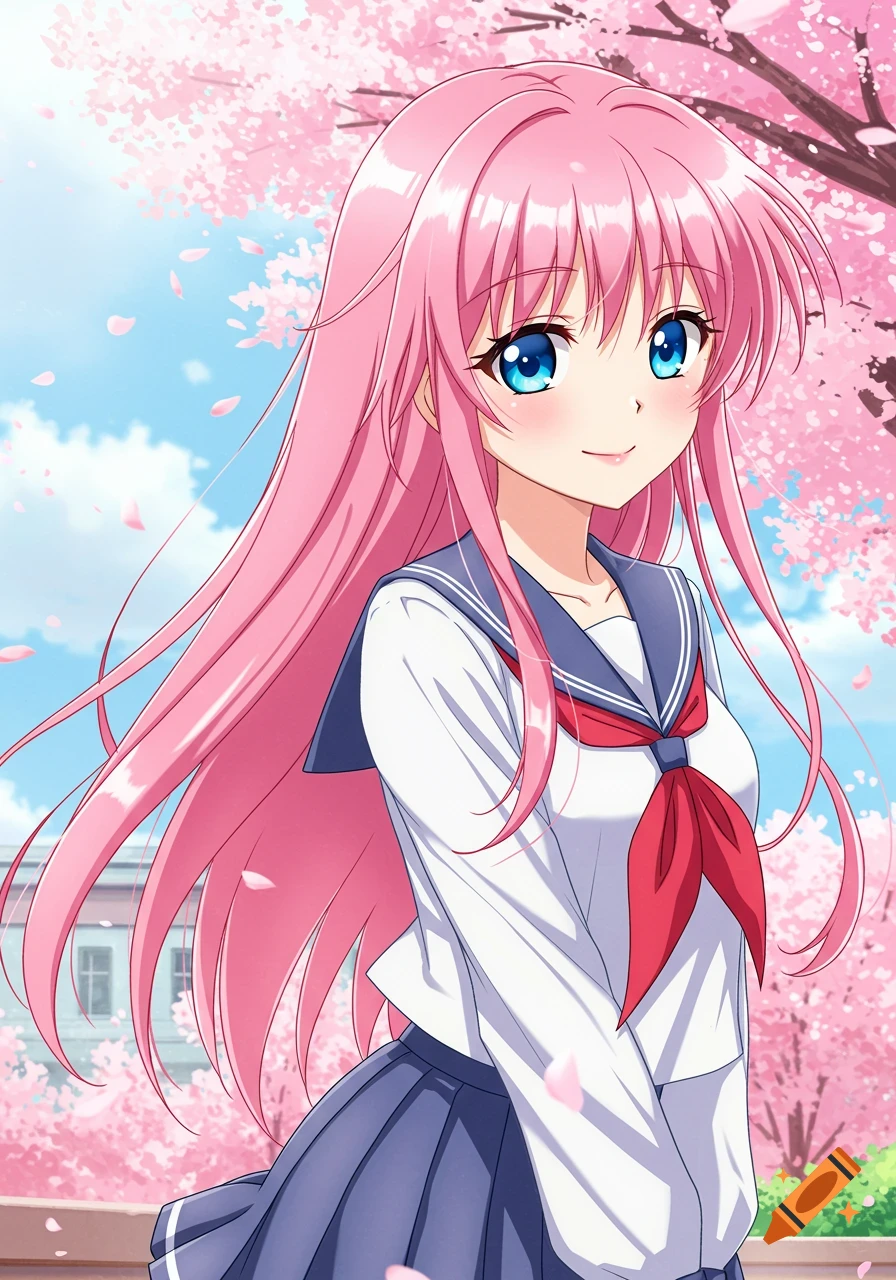 An anime girl with long pink hair and blue eyes, wearing a white and blue sailor uniform, smiles under a sky filled with pink cherry blossoms.