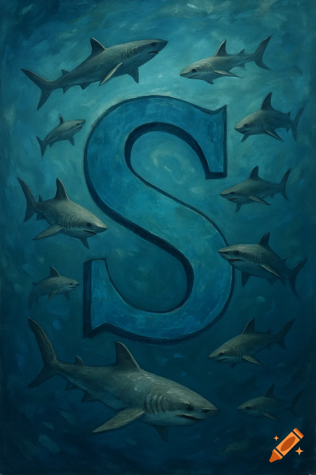 A large letter 'S' underwater surrounded by multiple sharks in an illustrative style.