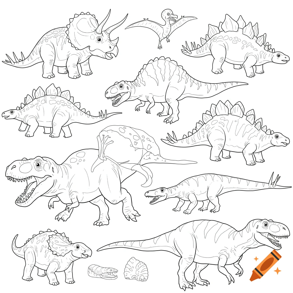 A collection of various dinosaurs, including a Triceratops and Stegosaurus, in a black and white line art style, suitable for a coloring book.