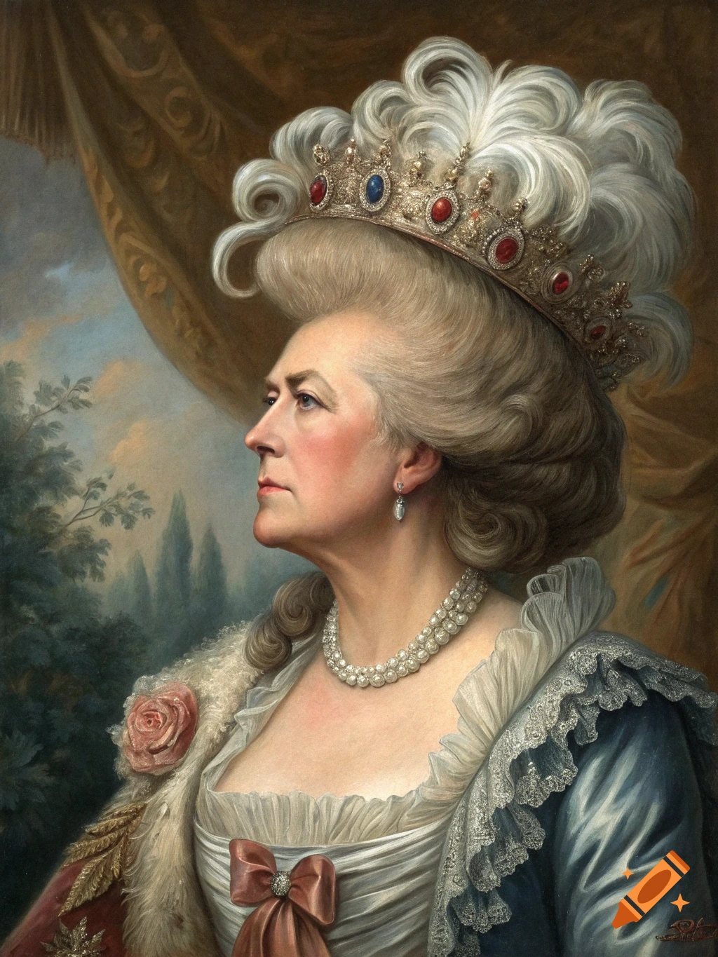 A painted portrait of a woman in an elaborate feathered wig and jeweled crown, wearing a pearl necklace and an ornate historical gown.