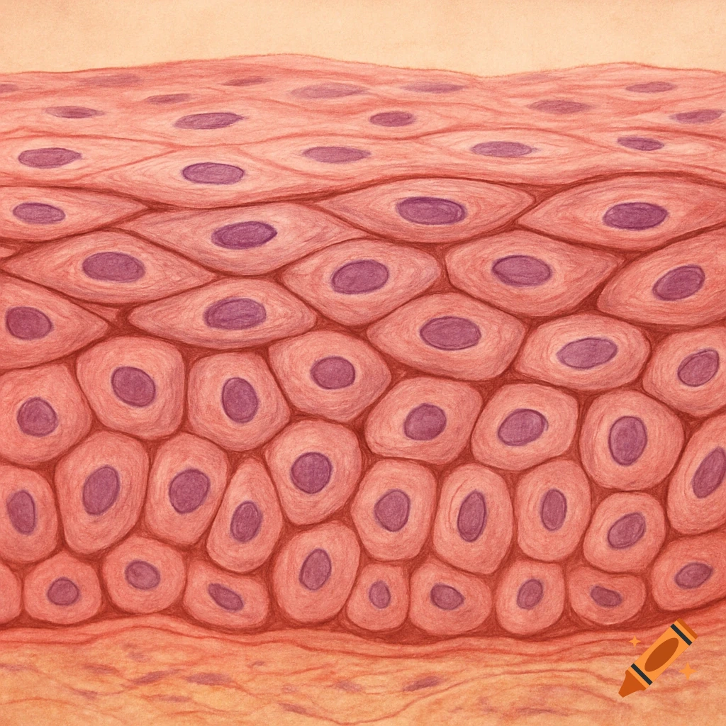 A detailed illustration showing layers of pink and purple biological cells, representing stratified squamous epithelium.