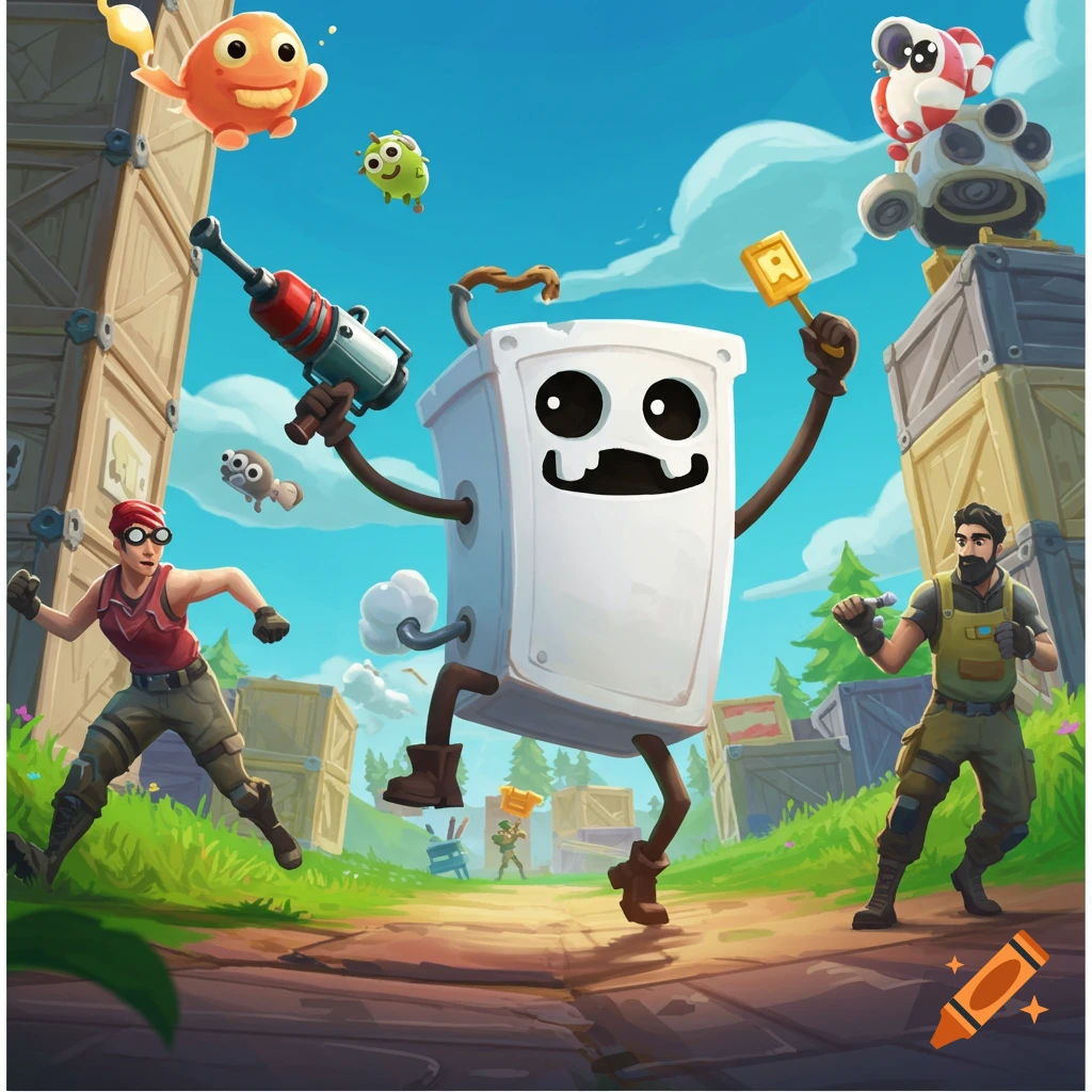 A cartoon walking toilet character and two Fortnite-style people in a vibrant, grassy outdoor scene with wooden crates and floating creatures.