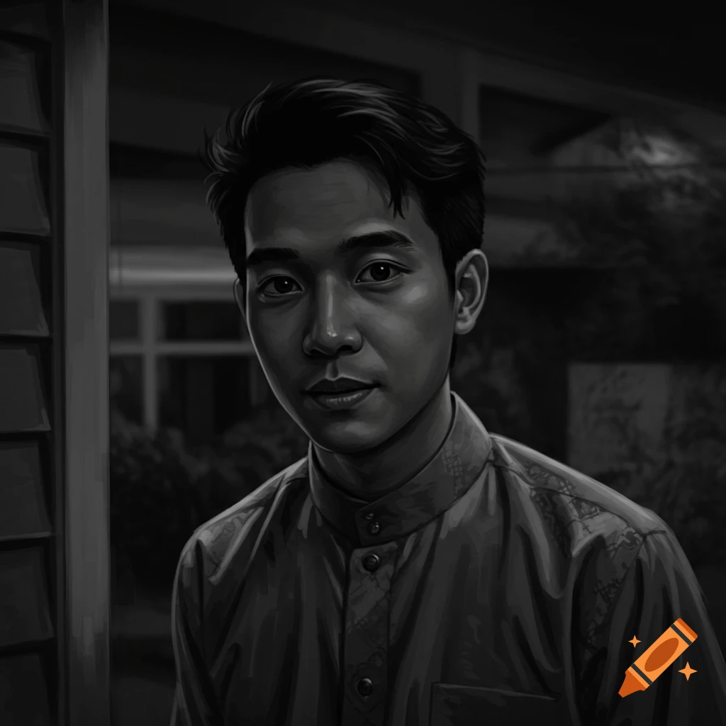 A grayscale illustrated portrait of a young man with dark hair, looking forward, against a blurred dark background with blinds.