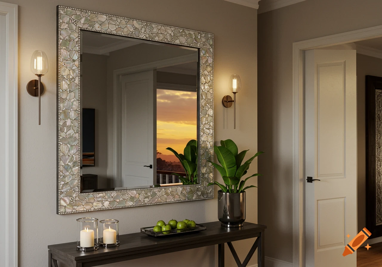A luxurious hallway featuring a large pearl inlay mirror above a dark wooden table with lit candles, green plants, and a tray of green apples, illuminated by warm sunset light reflecting in the mirror.