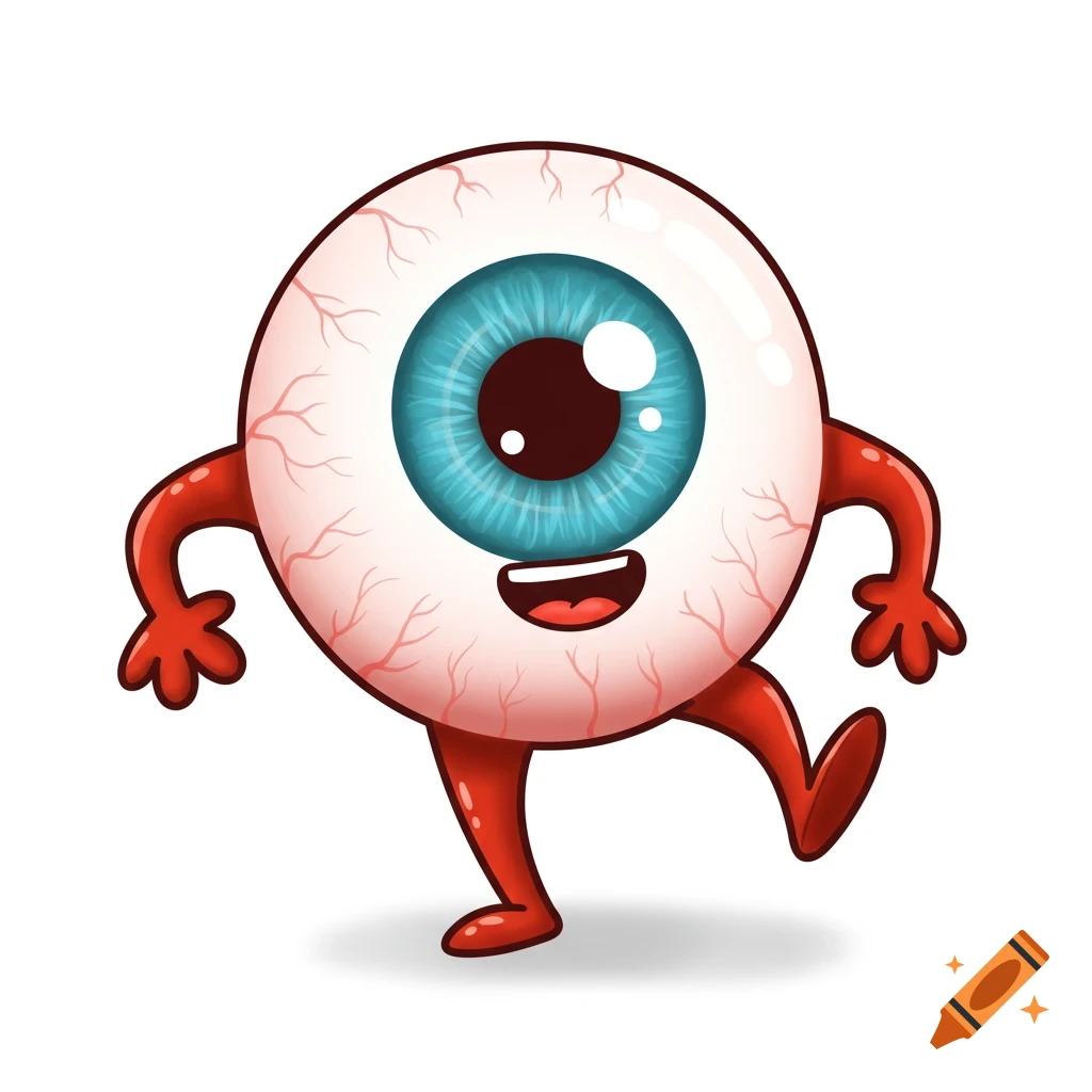 A cartoon eyeball character with a blue iris, red veins, a smiling mouth, and red arms and legs walks forward.