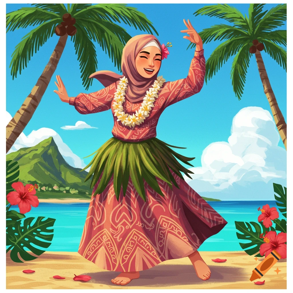 An illustration of a smiling Muslim woman in a hijab and hula skirt, wearing a lei, dancing on a tropical beach with palm trees.