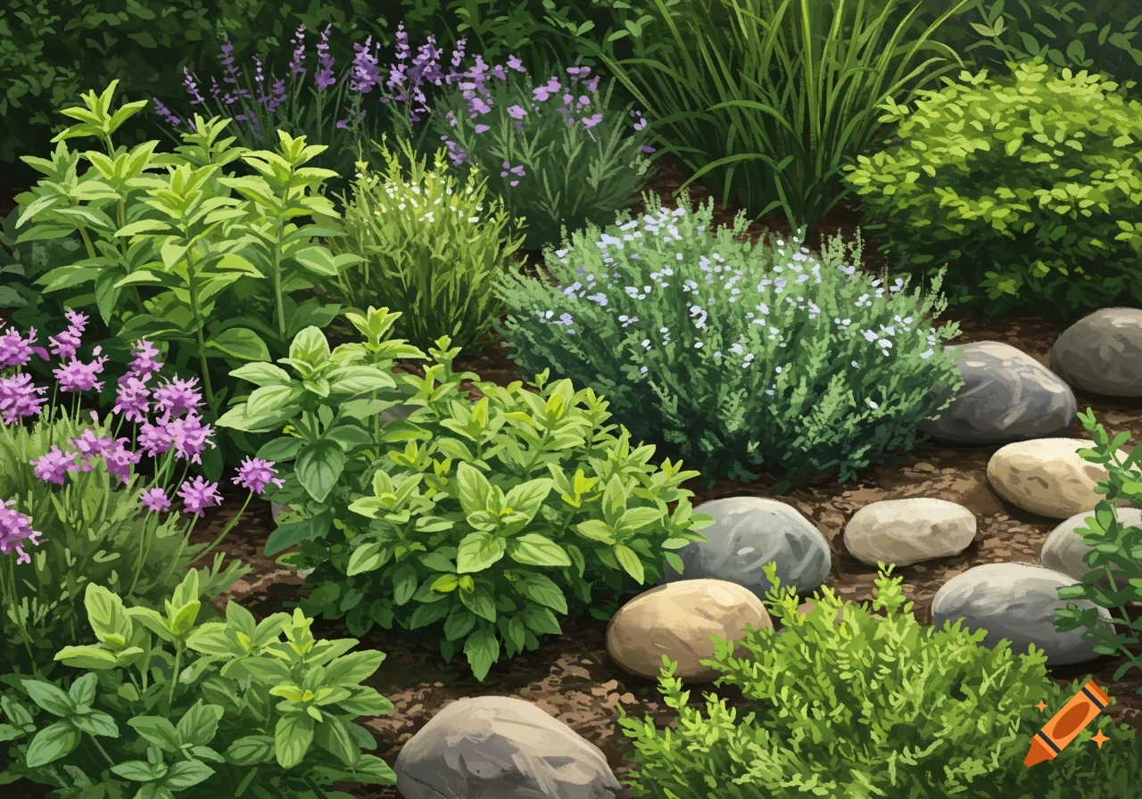 A detailed view of a lush green herb garden featuring various plants, purple and white flowers, and natural rocks.