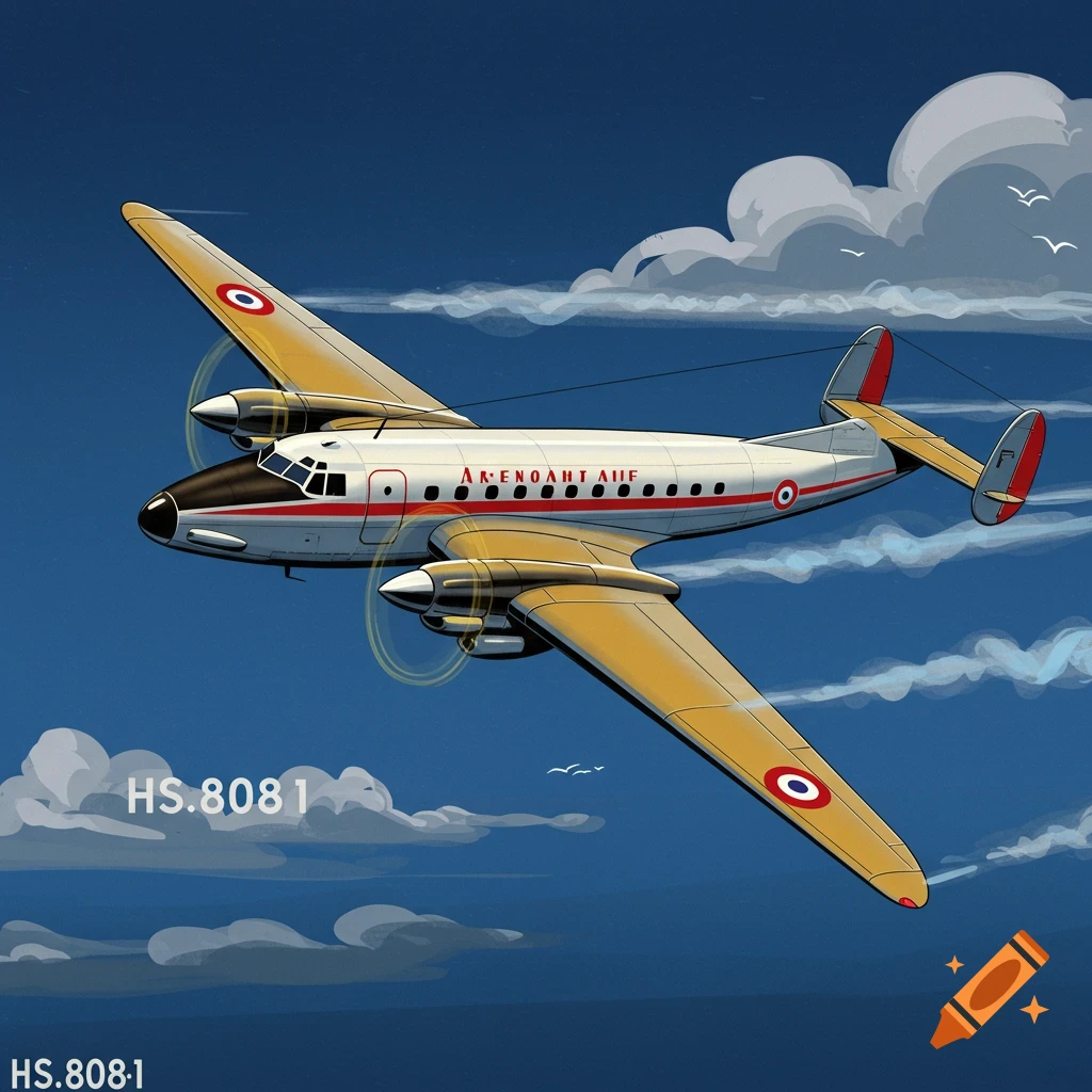 An old-fashioned, propeller-driven airplane with gold wings and a white body with red trim, flying in a blue sky with clouds. Markings and numbers are visible on the plane and in the corner.