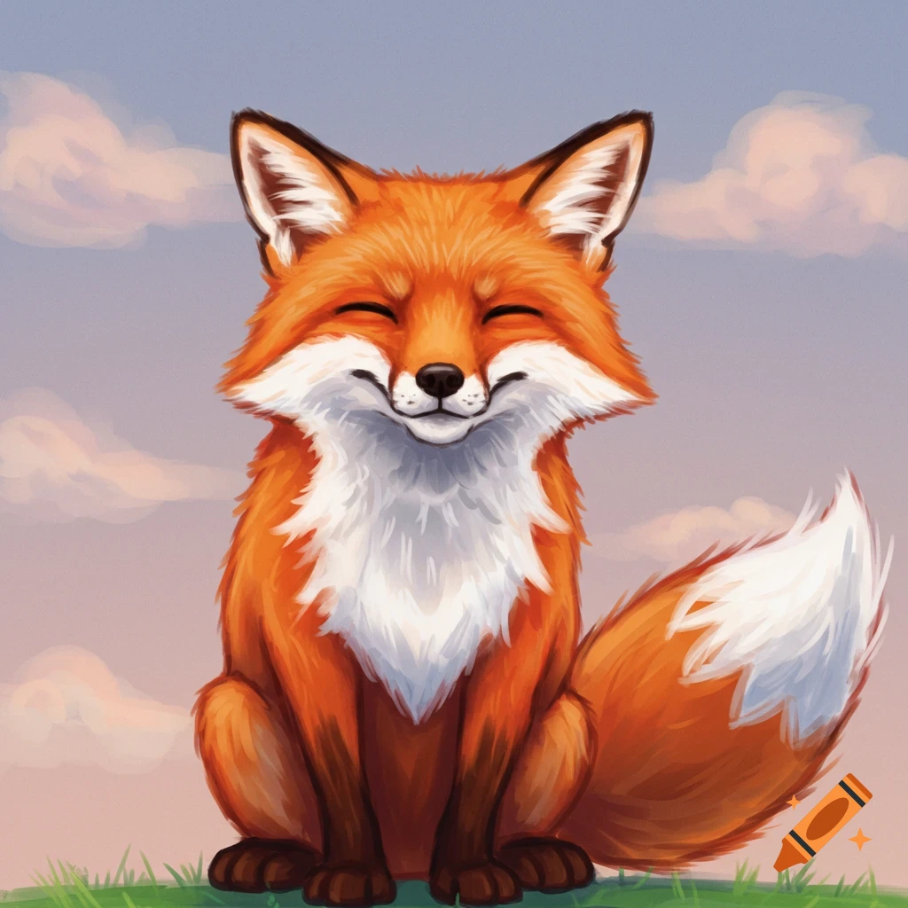 A cute cartoon fox with orange fur and white chest fur sits smiling with closed eyes on green grass under a soft sky.