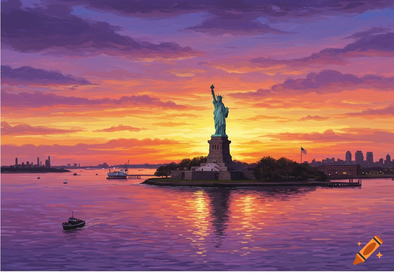 A vibrant painting of the Statue of Liberty on Liberty Island at sunset, with a colorful sky and water reflecting the light.