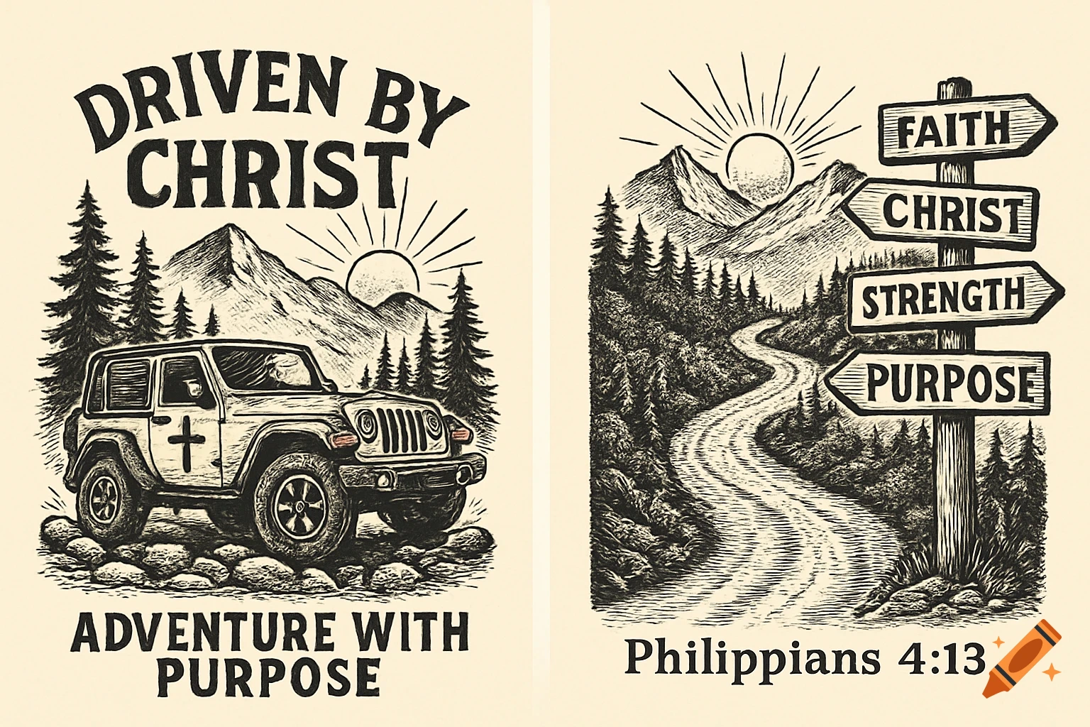Two vintage illustrations. Left: Jeep, mountains, text 'DRIVEN BY CHRIST, ADVENTURE WITH PURPOSE'. Right: Mountain road, signpost 'FAITH, CHRIST, STRENGTH, PURPOSE', 'Philippians 4:13'.