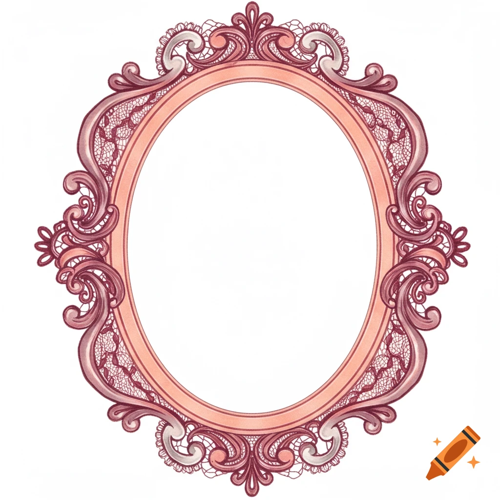 Soft pastel illustration of an ornate oval frame with peach, pale gray, and burgundy lace details on a white background.