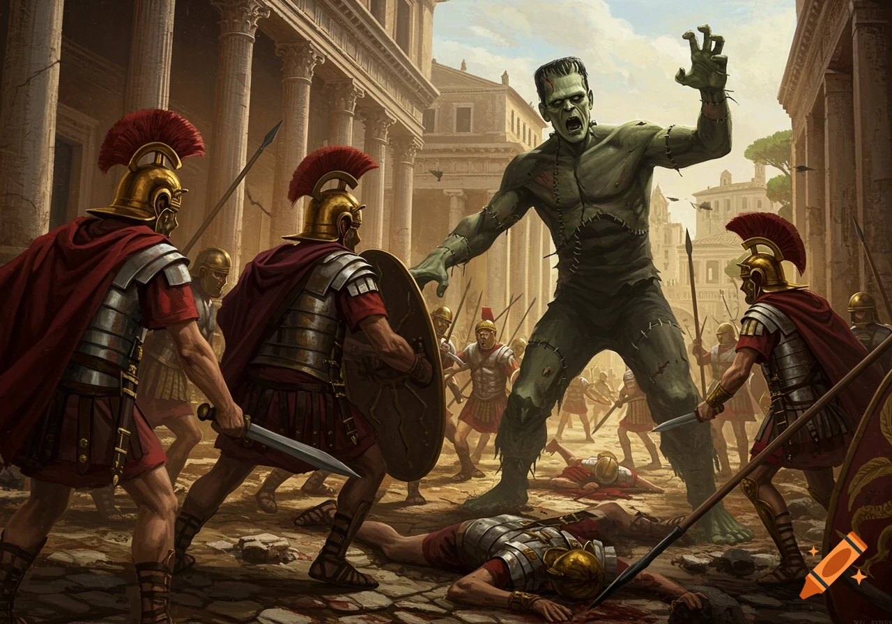 A large Frankenstein monster battles Roman soldiers in the streets of ancient Rome, amidst fallen fighters.