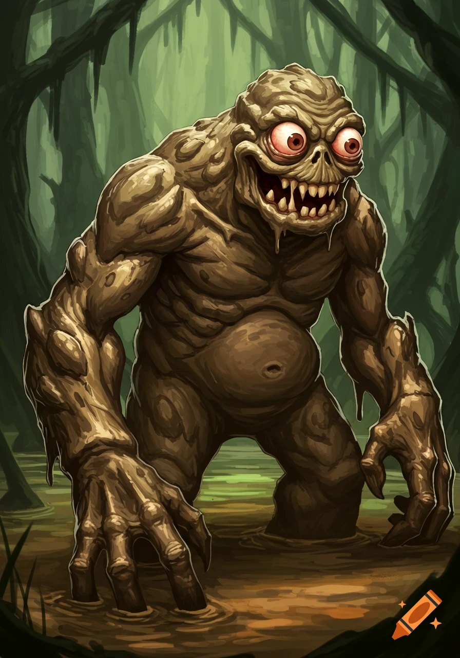 A grotesque mud monster with bulging red eyes and sharp teeth stands in a swamp.