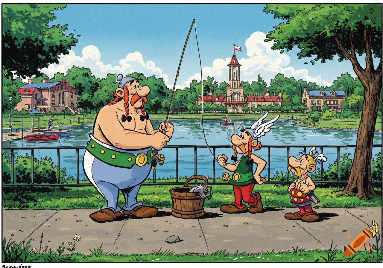 Asterix and Obelix fishing with Dogmatix by a lake, with buildings and trees in the background, in classic comic art style.