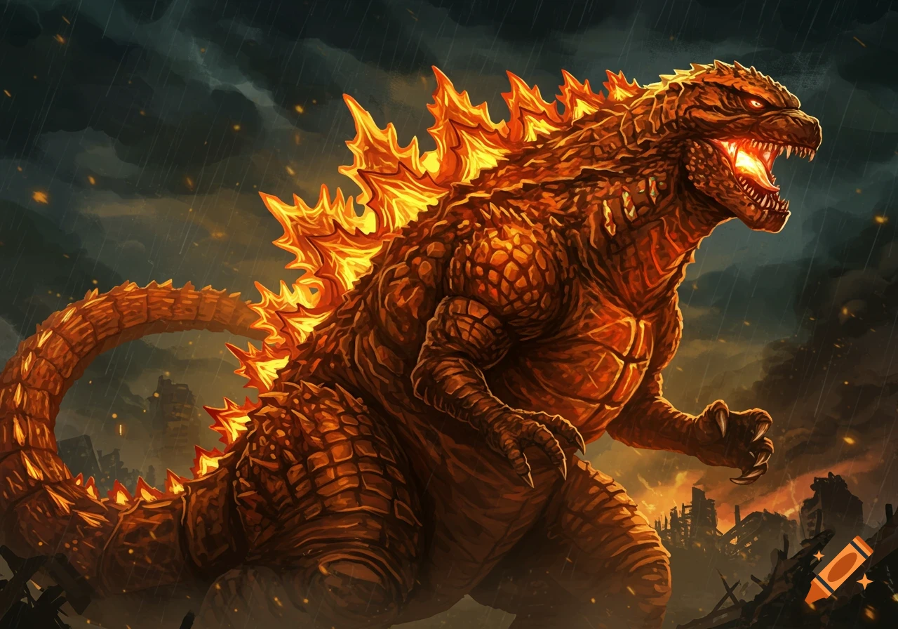 A powerful, orange-glowing Godzilla roars amidst a rain-drenched, destroyed city under a stormy sky.