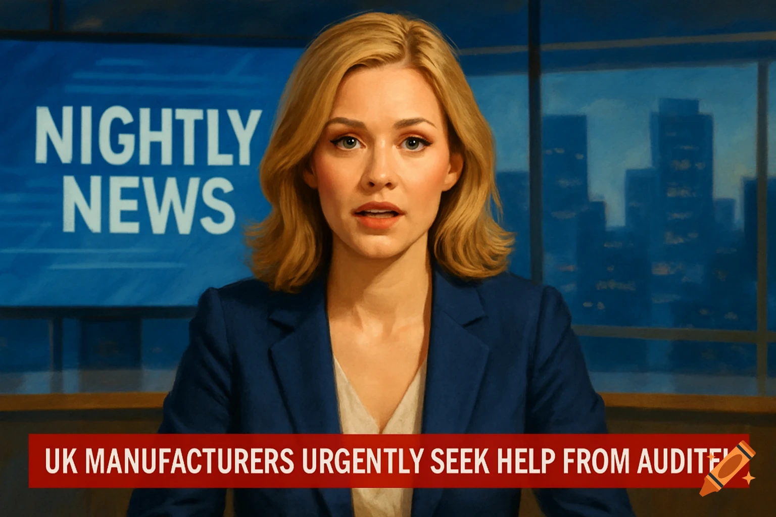 Photorealistic image of a blonde newsreader reporting "Nightly News" with a red caption: "UK manufacturers urgently seek help from Auditel".