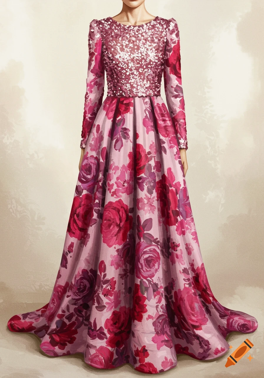 Full-length pink floral dress with long sleeves and a sparkling sequined bodice.