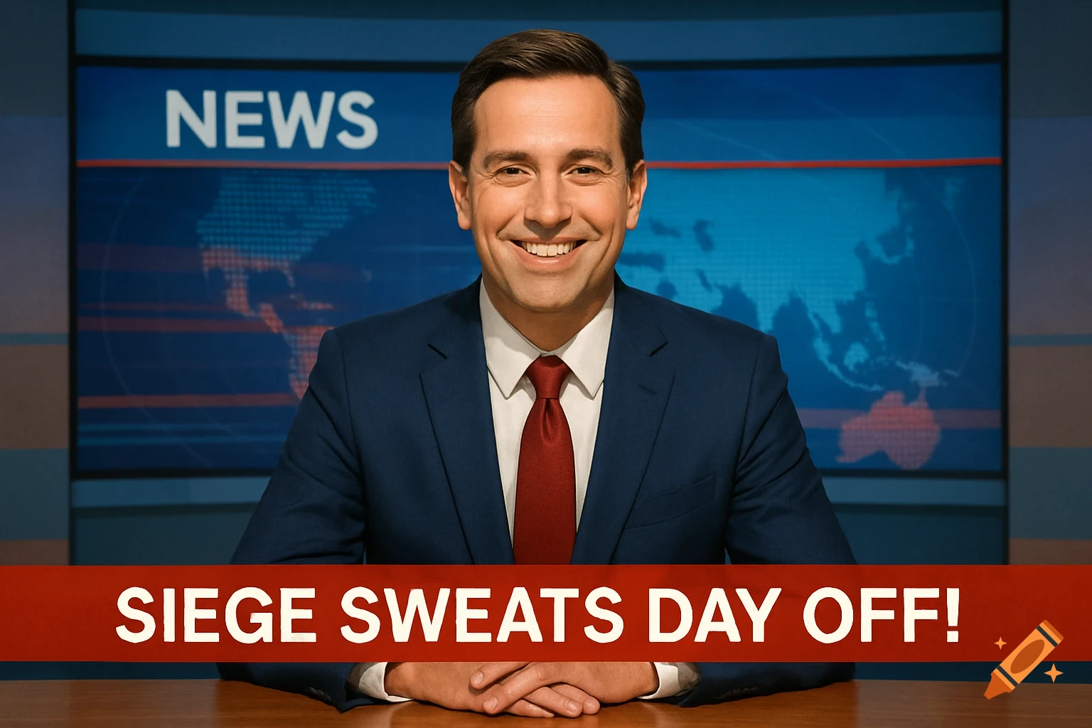 A smiling male news anchorman in a suit and red tie sits at a desk in a news studio, with 'NEWS' on a blue screen behind him and 'SIEGE SWEATS DAY OFF!' in a red banner at the bottom. Photorealistic.