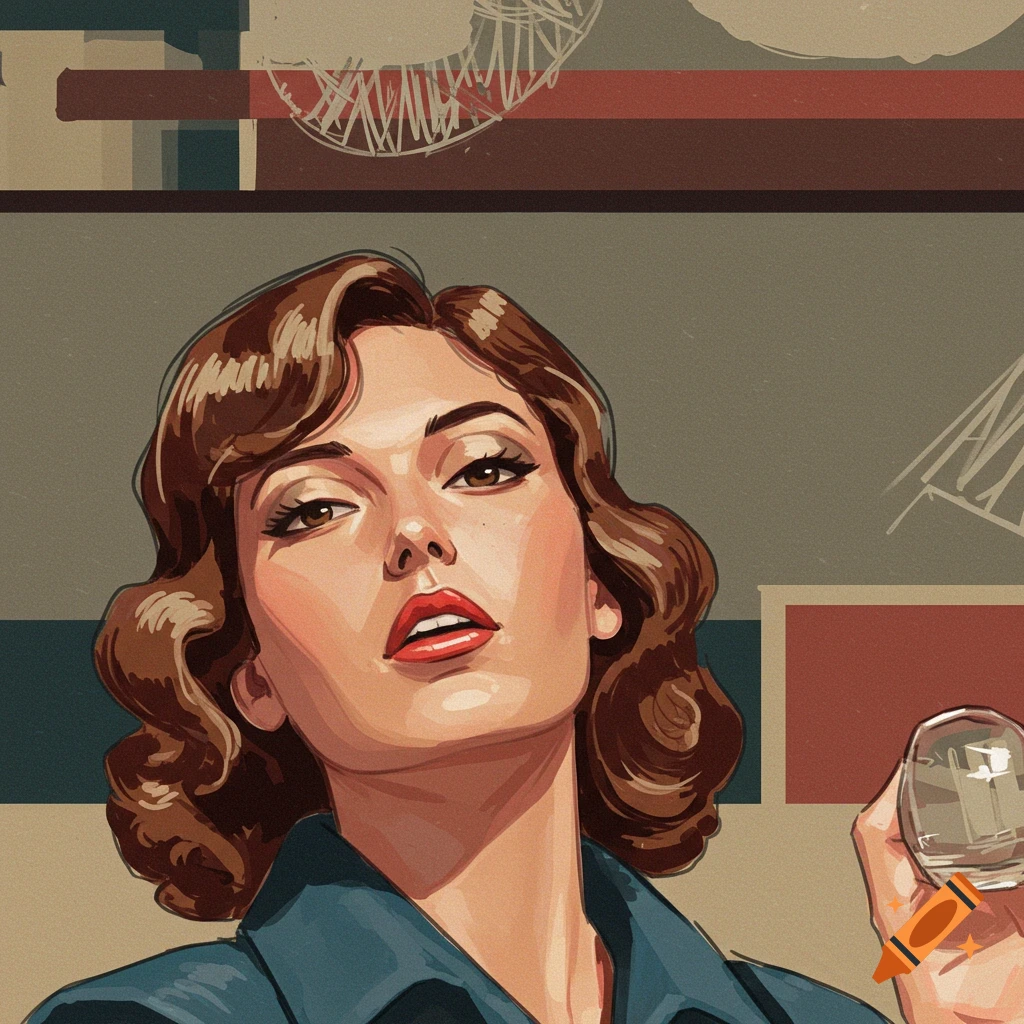 A pop art illustration of a woman with wavy brown hair and red lipstick, looking up, holding a small glass.