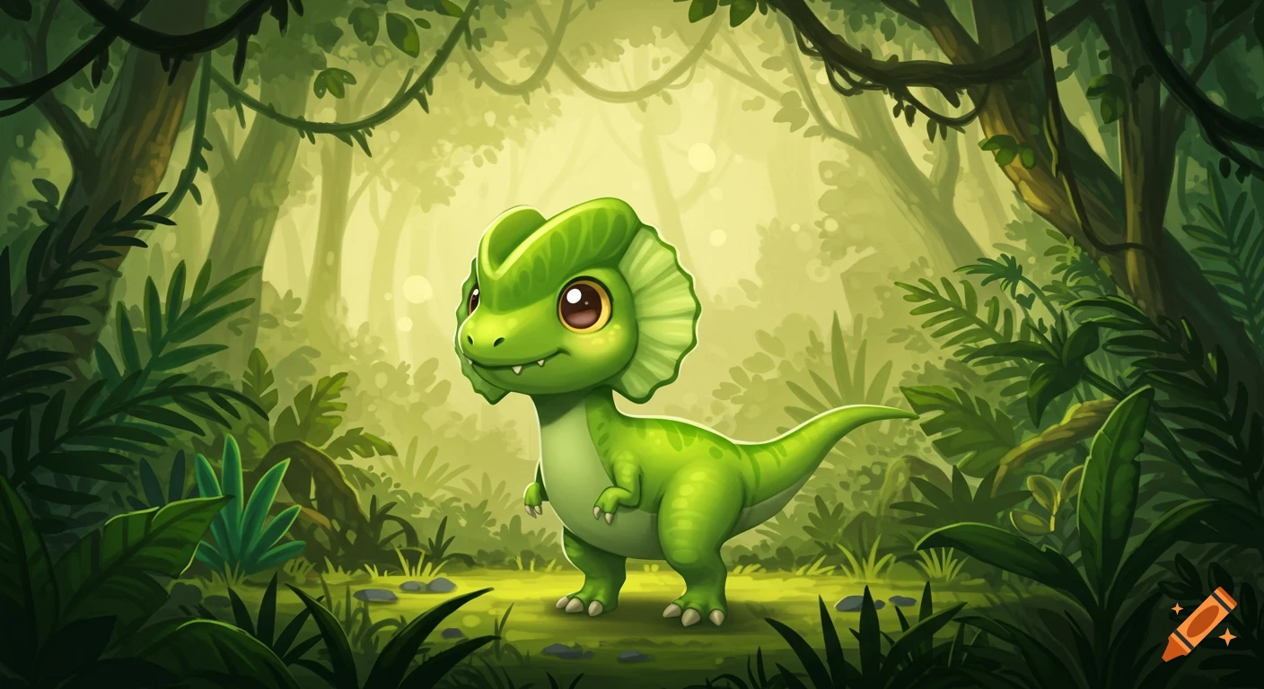 A cute green cartoon dilophosaurus stands in a lush, vibrant jungle.
