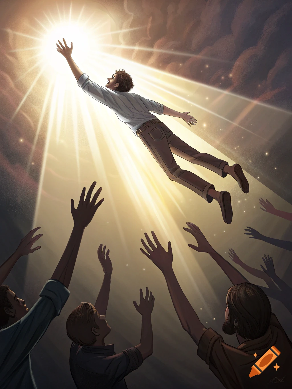 A man in a white shirt and brown pants floats upwards into a bright light, reaching out. Many hands reach up from below towards him.