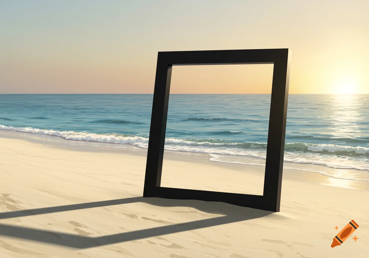 A modern black picture frame stands on a sandy beach next to the ocean at sunrise, casting a long shadow.