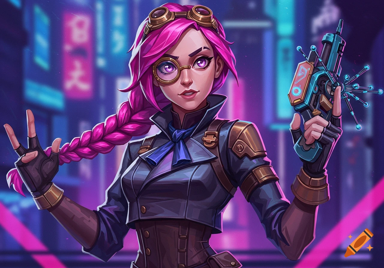 Stylized illustration of a woman with pink braided hair and goggles, wearing a dark jacket and holding a futuristic gun, against a neon cyberpunk city.
