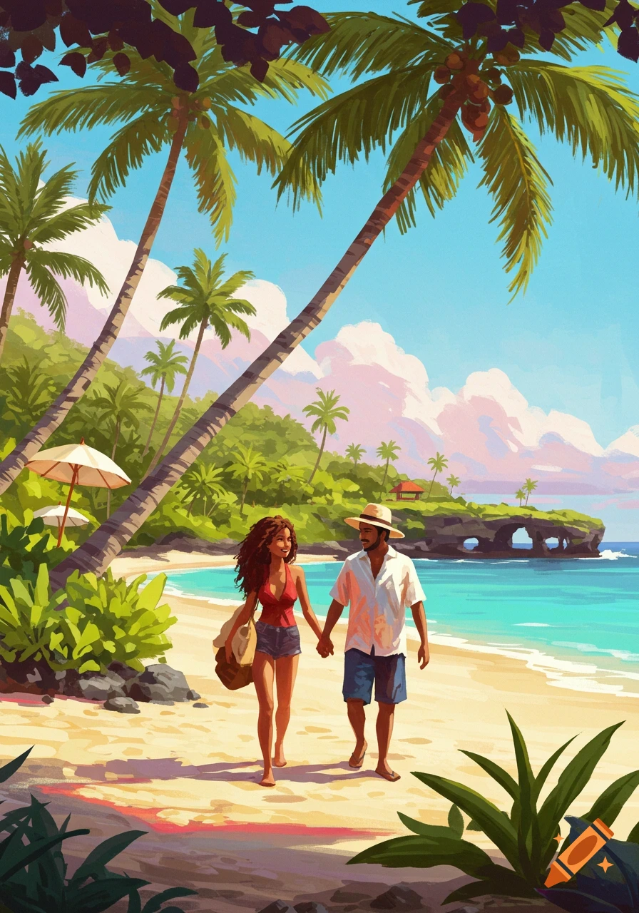 An illustrated couple walks hand-in-hand along a sunny tropical beach with palm trees and clear blue water.