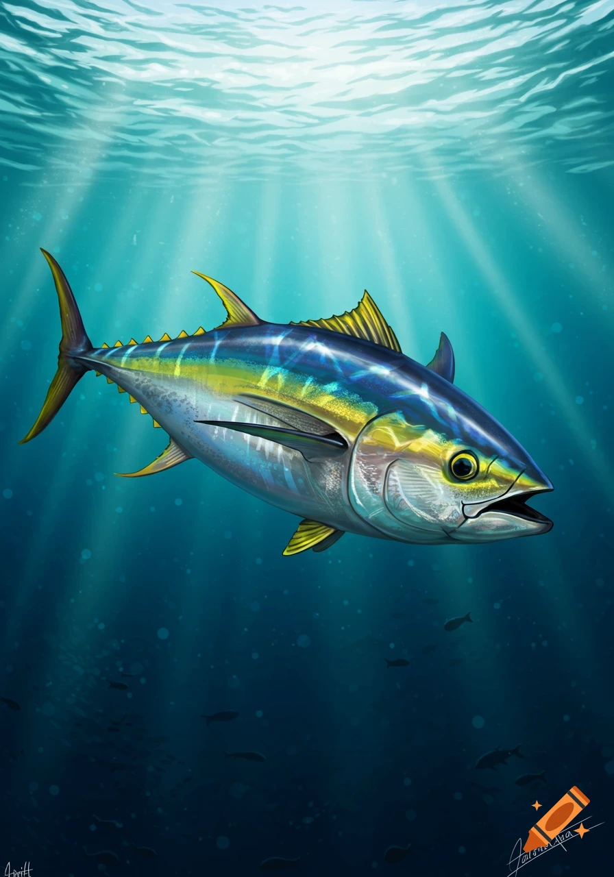 An illustration of a yellowfin tuna swimming in clear blue ocean water with sun rays beaming from the surface.