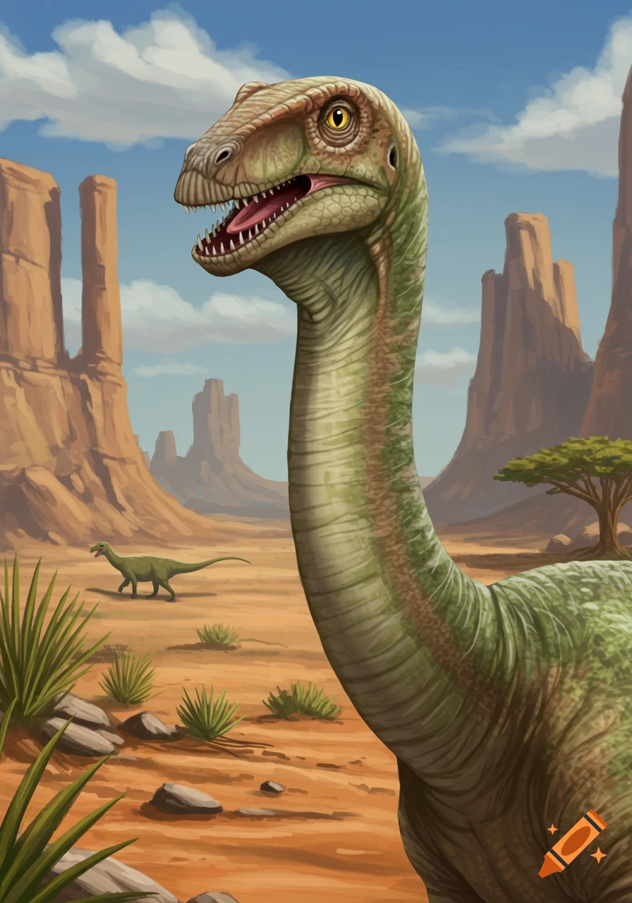An illustration of a large green dinosaur with its mouth open, in a desert with rock formations and a smaller dinosaur.