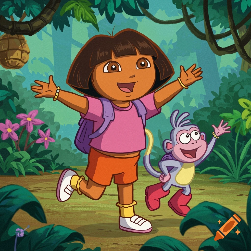 Dora the Explorer and Boots the monkey cheerfully run through a lush jungle, arms outstretched, in a bright animated style.
