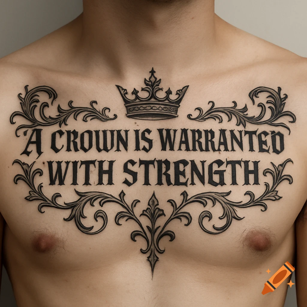 Photorealistic black ink chest tattoo on a man, featuring a crown, gothic scrollwork, and the text 'A CROWN IS WARRANTED WITH STRENGTH'.