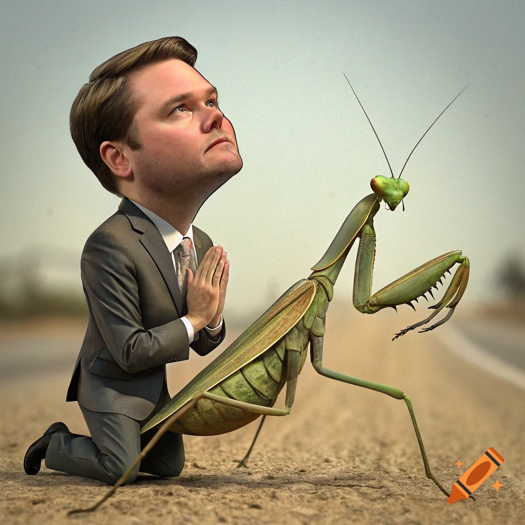 A caricature of JD Vance's head on a praying mantis body, kneeling and praying outdoors in a photorealistic style.