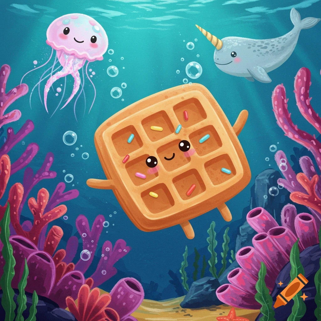 A cute cartoon waffle with a happy face and sprinkles floats underwater with a pink jellyfish and a narwhal in the background, surrounded by coral and bubbles.