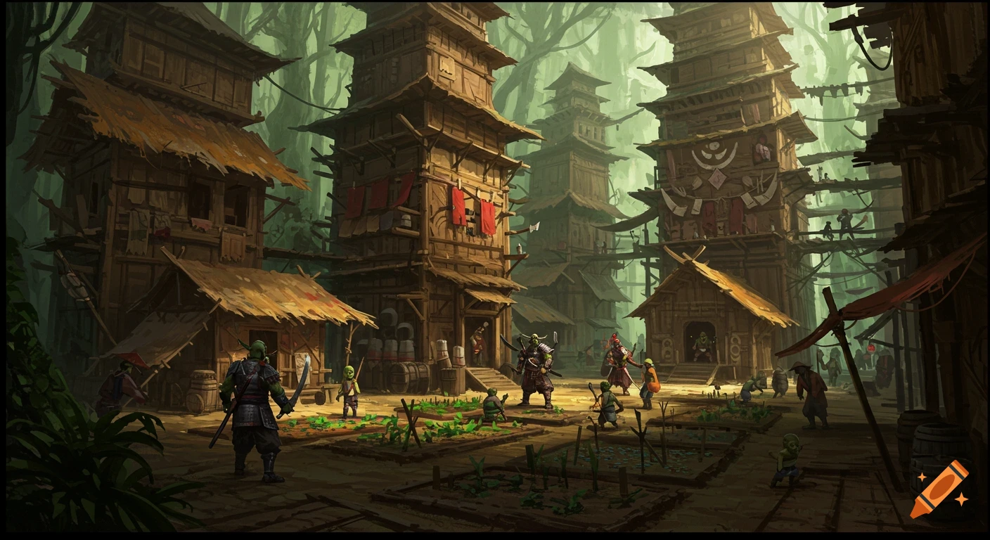 A vibrant fantasy painting of a tribal orc village in a dense jungle with towering wooden structures and small gardens.