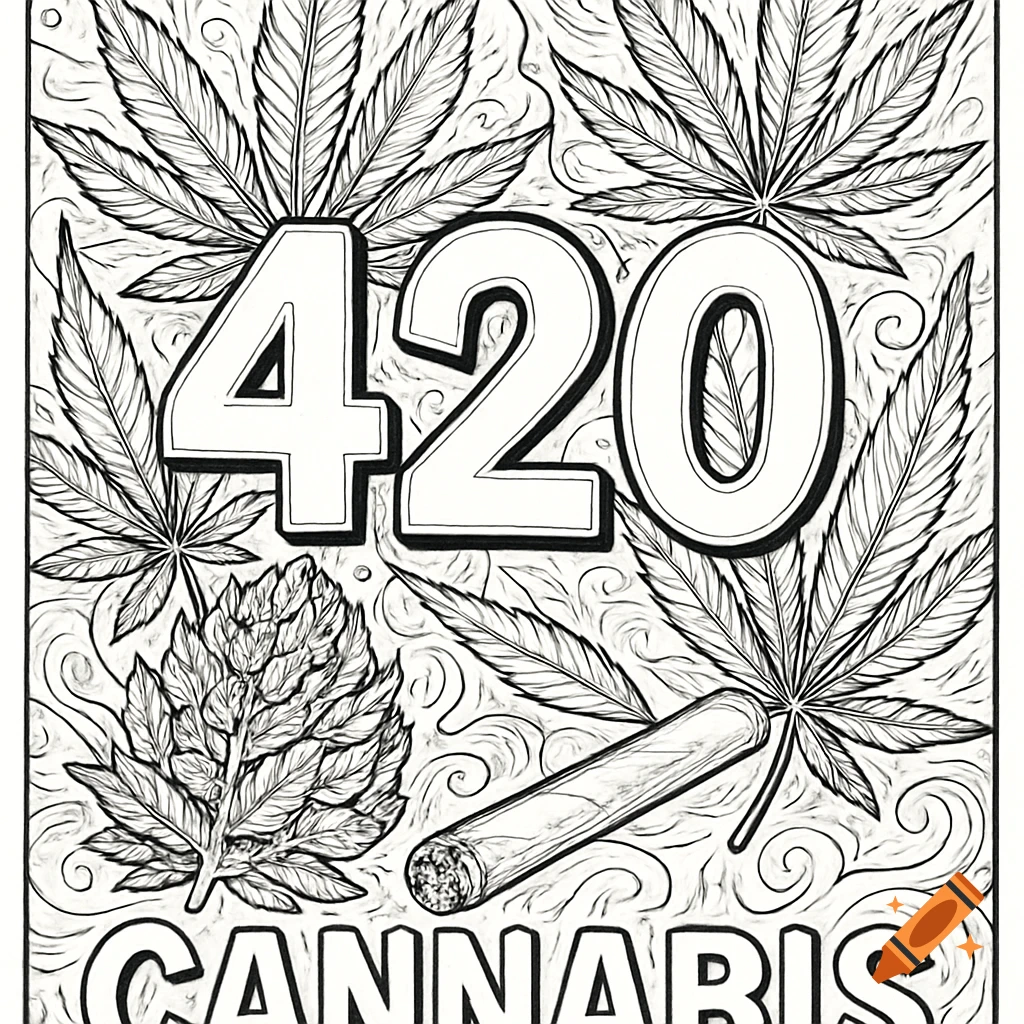 Black and white line art coloring page featuring cannabis leaves, a bud, a joint, and the numbers '420' with the word 'CANNABIS'.
